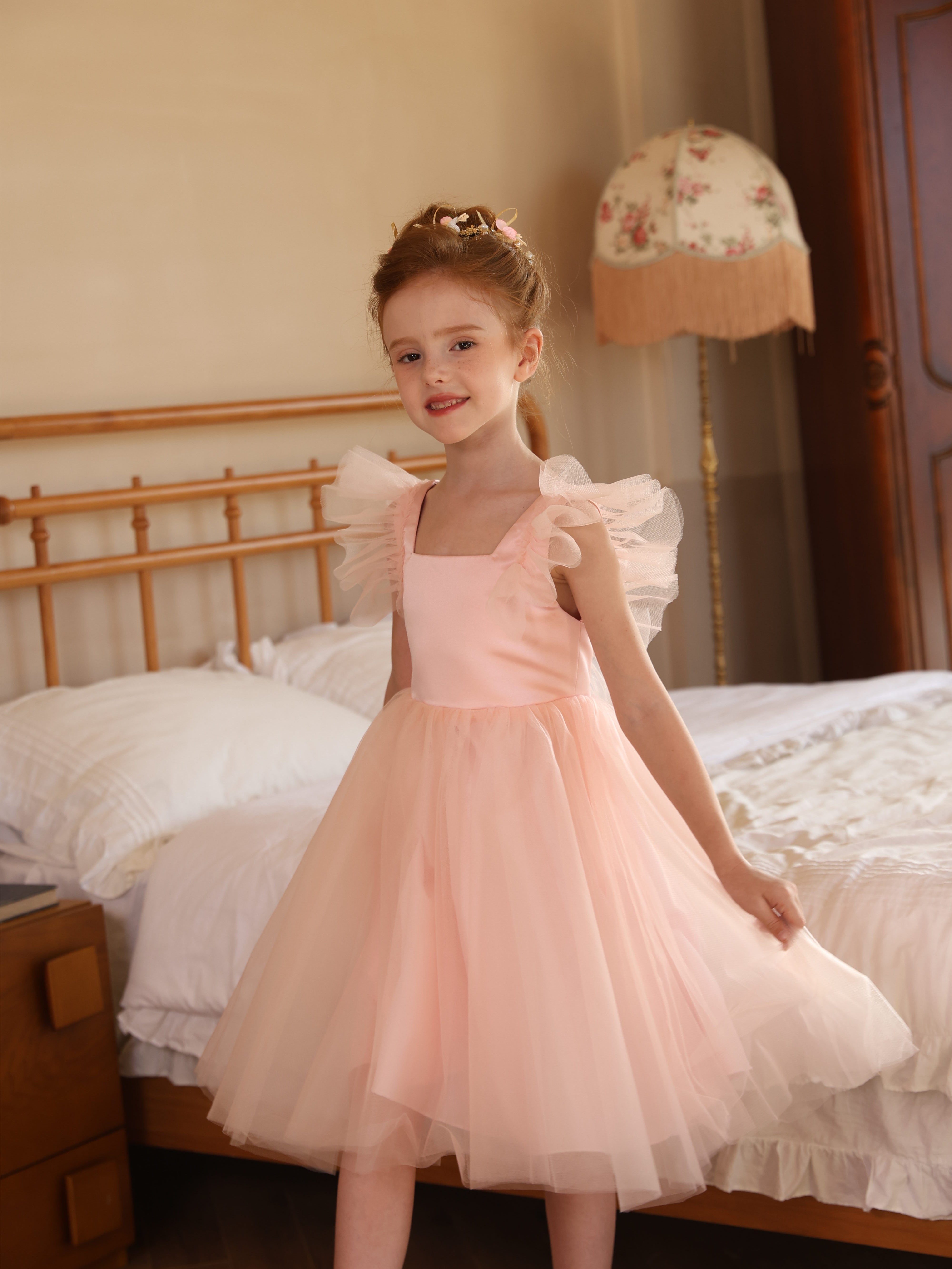 Sleeveless White Tea-Length Flower Girl Dress with Square Neckline and Ruched Satin Tulle Ball-Gown