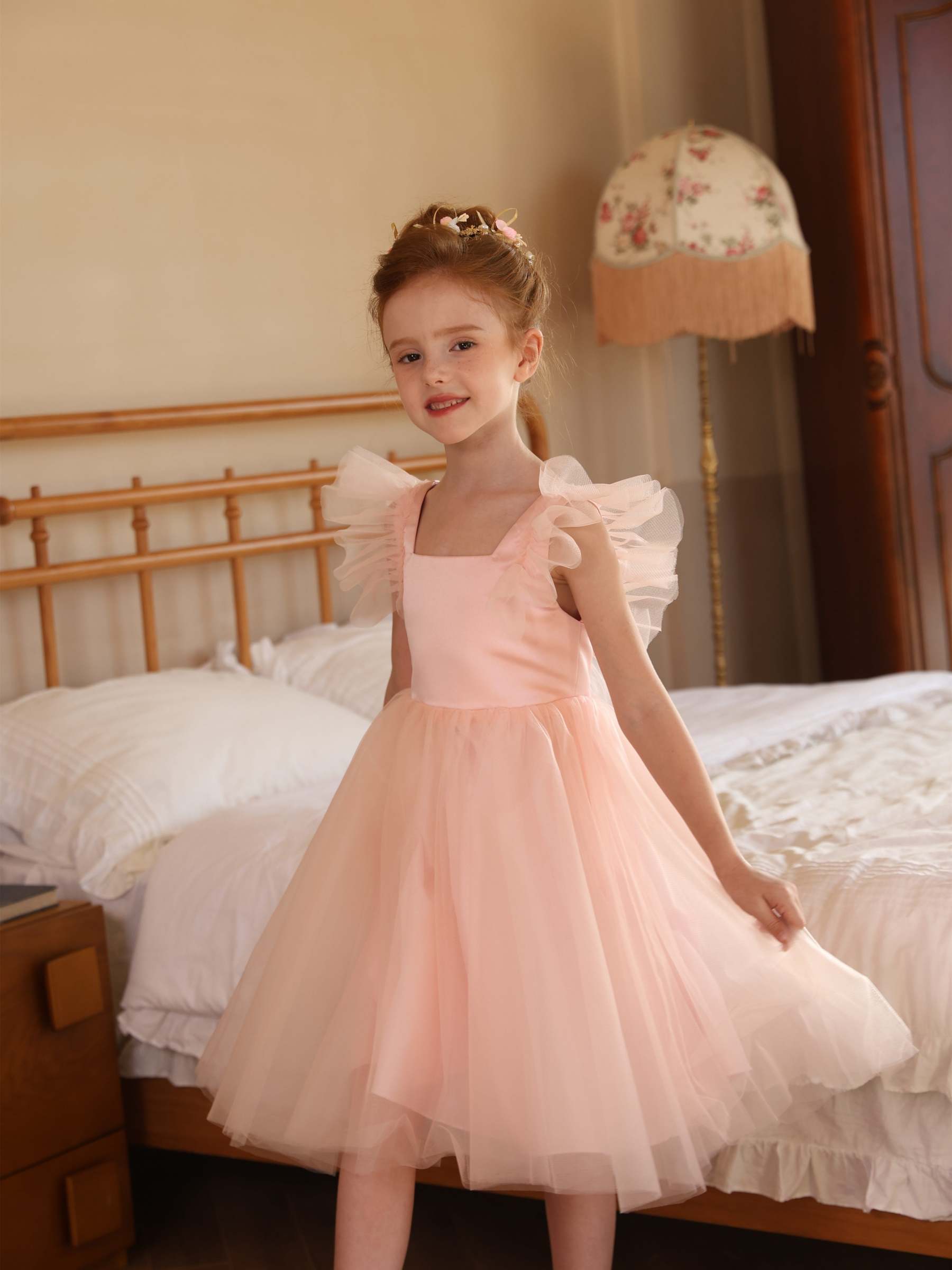 Sleeveless White Tea-Length Flower Girl Dress with Square Neckline and Ruched Satin Tulle Ball-Gown