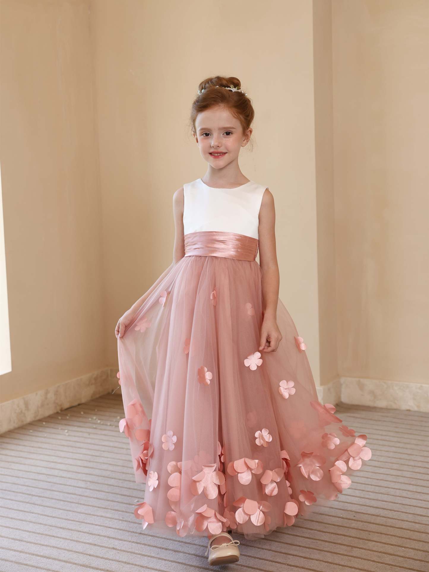 Sleeveless Scoop Neck Ankle-Length Flower Girl Ball Gown in Satin and Tulle with Flower