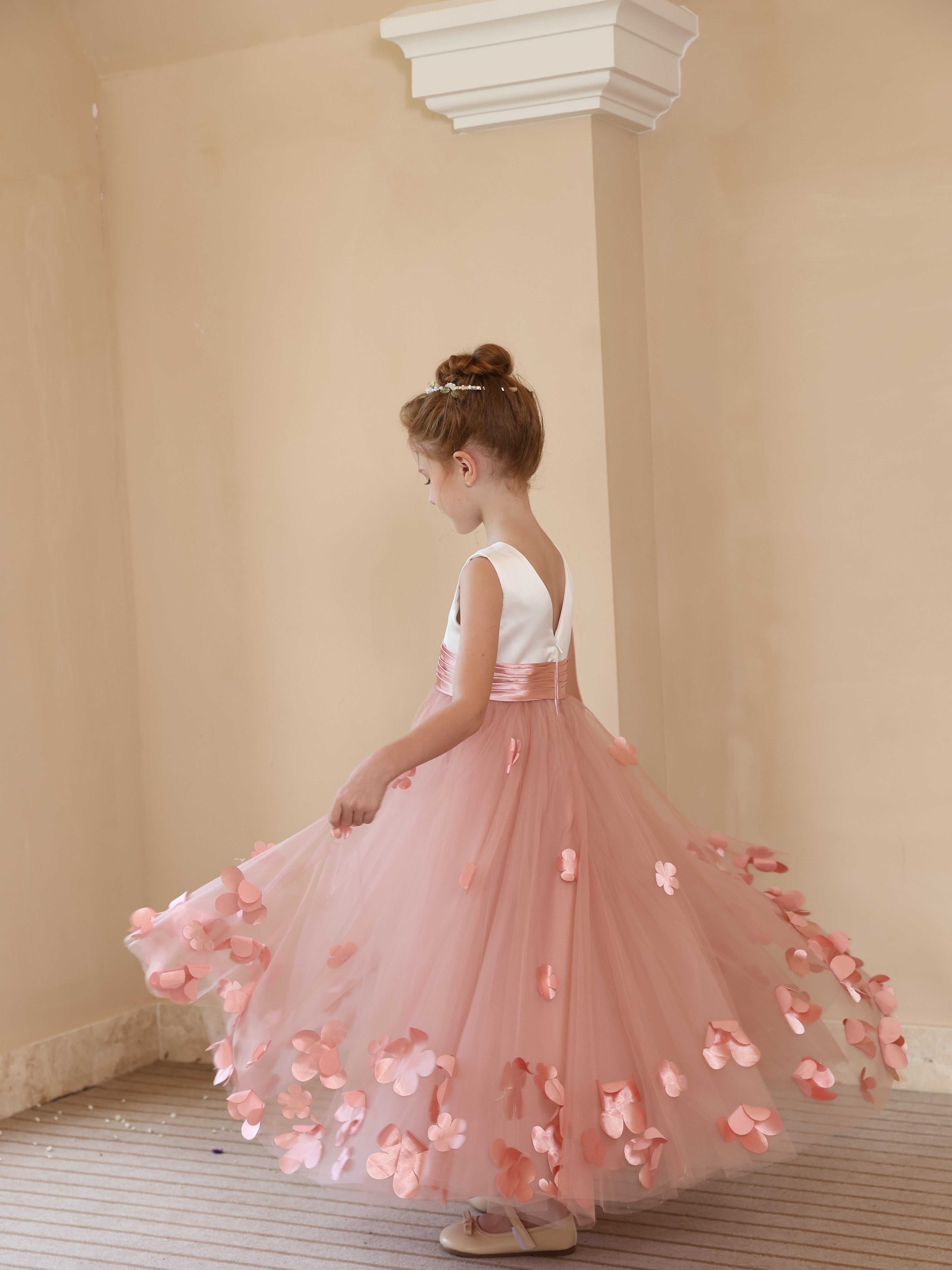Sleeveless Scoop Neck Ankle-Length Flower Girl Ball Gown in Satin and Tulle with Flower