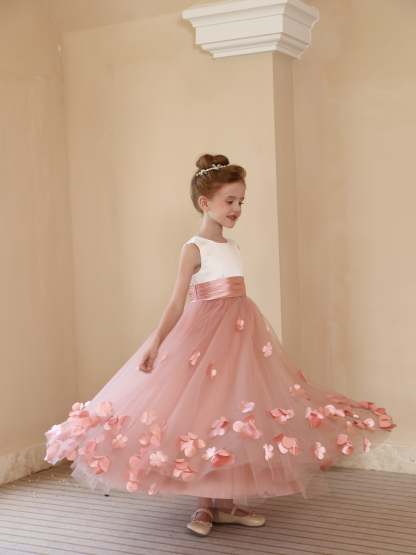 Sleeveless Scoop Neck Ankle-Length Flower Girl Ball Gown in Satin and Tulle with Flower