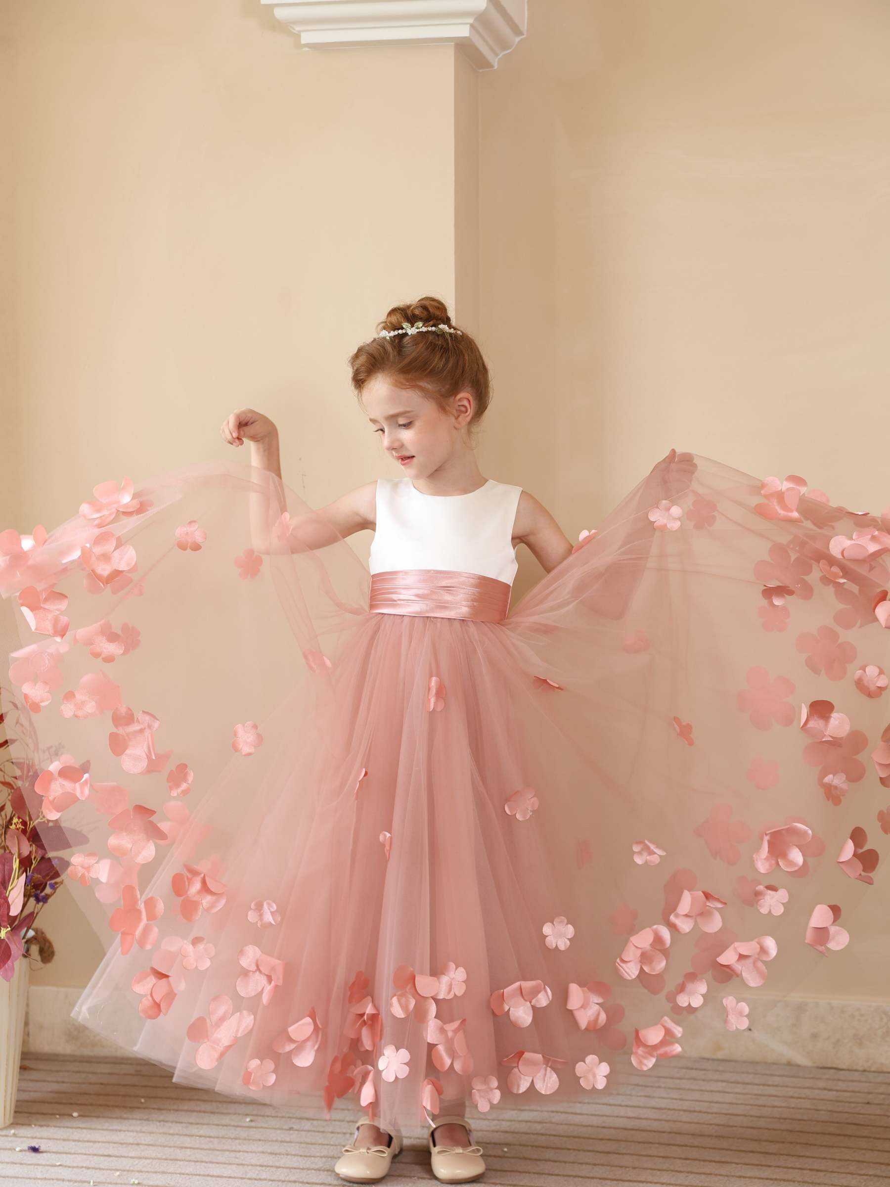 Sleeveless Scoop Neck Ankle-Length Flower Girl Ball Gown in Satin and Tulle with Flower