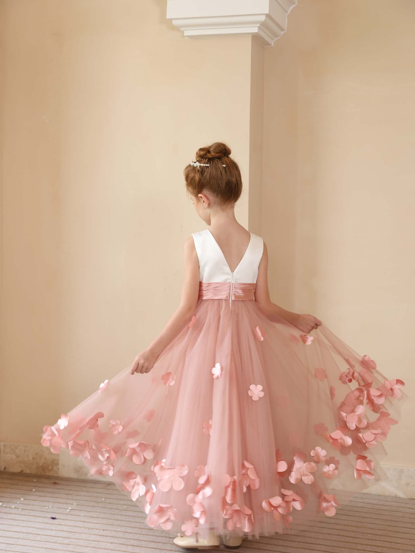 Sleeveless Scoop Neck Ankle-Length Flower Girl Ball Gown in Satin and Tulle with Flower