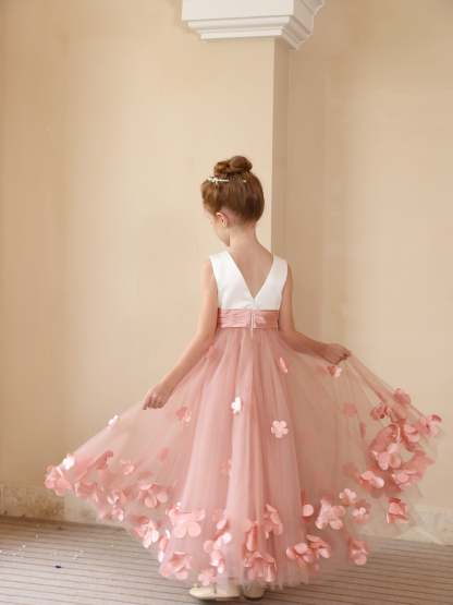 Sleeveless Scoop Neck Ankle-Length Flower Girl Ball Gown in Satin and Tulle with Flower
