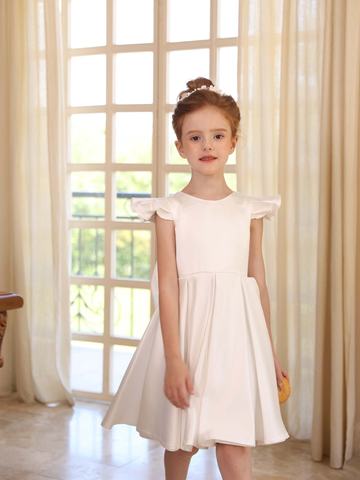 Sleeveless Knee-Length Satin Ball-Gown with Ruched Details for Flower Girls
