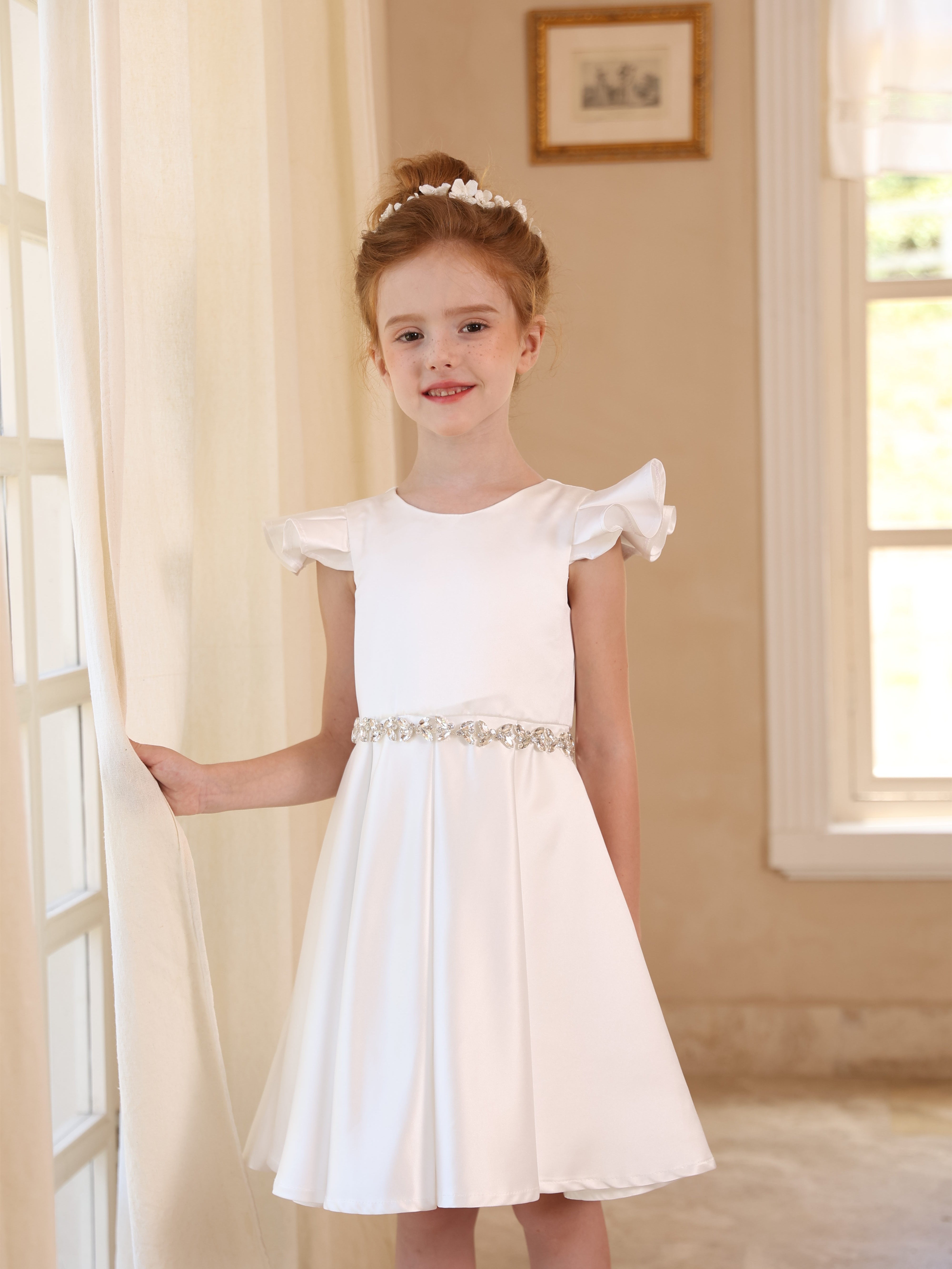 Sleeveless Knee-Length Satin Ball-Gown with Ruched Details for Flower Girls