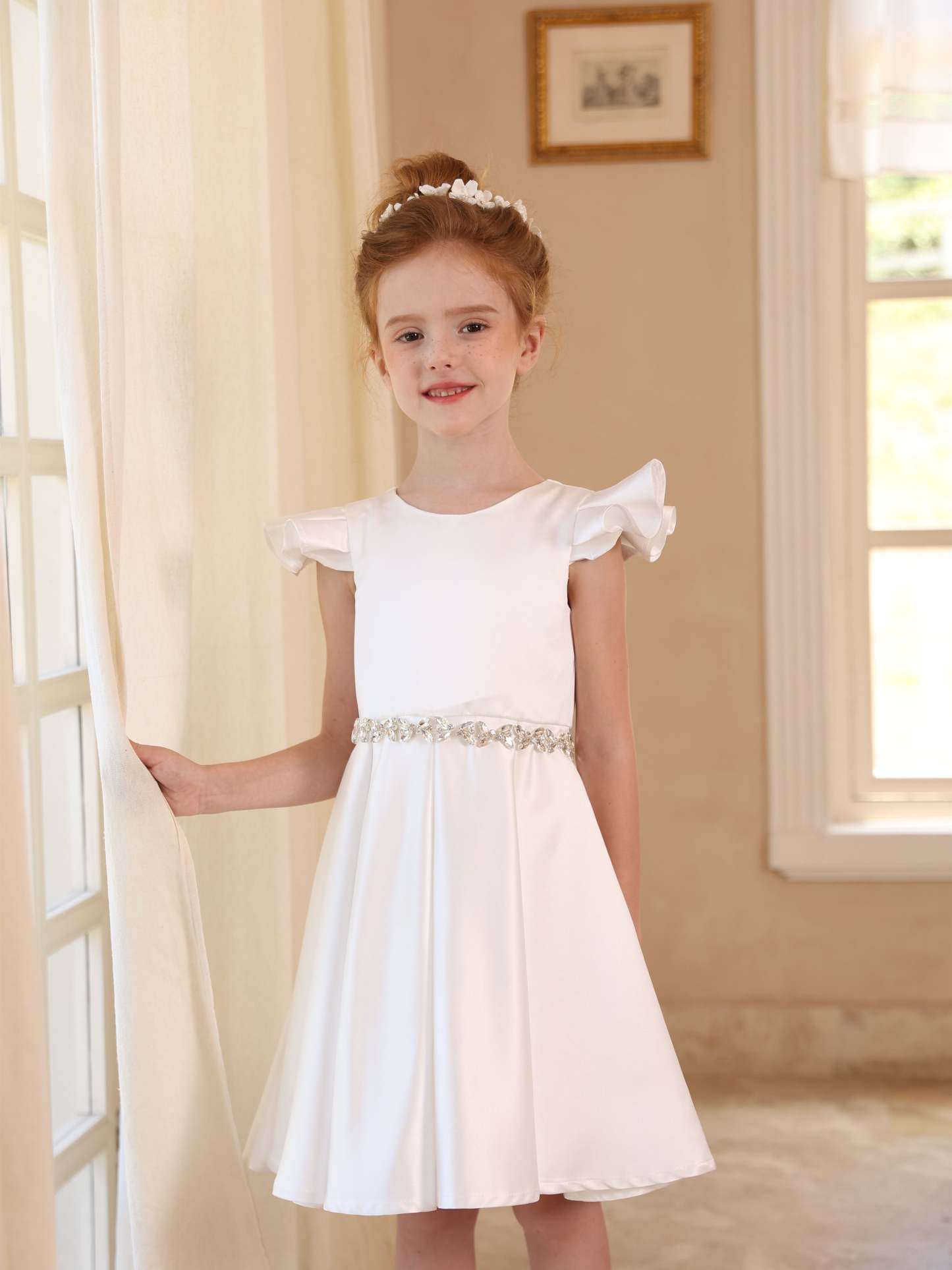 Sleeveless Knee-Length Satin Ball-Gown with Ruched Details for Flower Girls