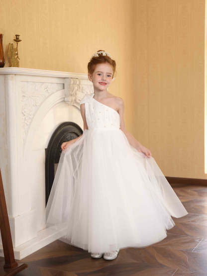 One-shoulder Sleeveless Flower Girl Dresses in Ball-Gown Satin Tulle with Bowknot