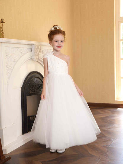 One-shoulder Sleeveless Flower Girl Dresses in Ball-Gown Satin Tulle with Bowknot