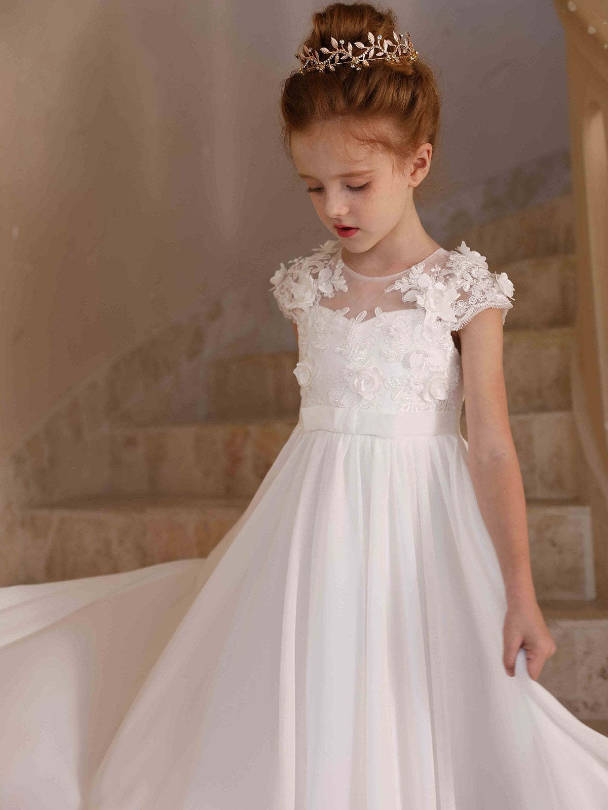 Scoop Neck Short-Sleeve Floor-Length Flower Girl Dress in White Lace with A-Line Princess Satin