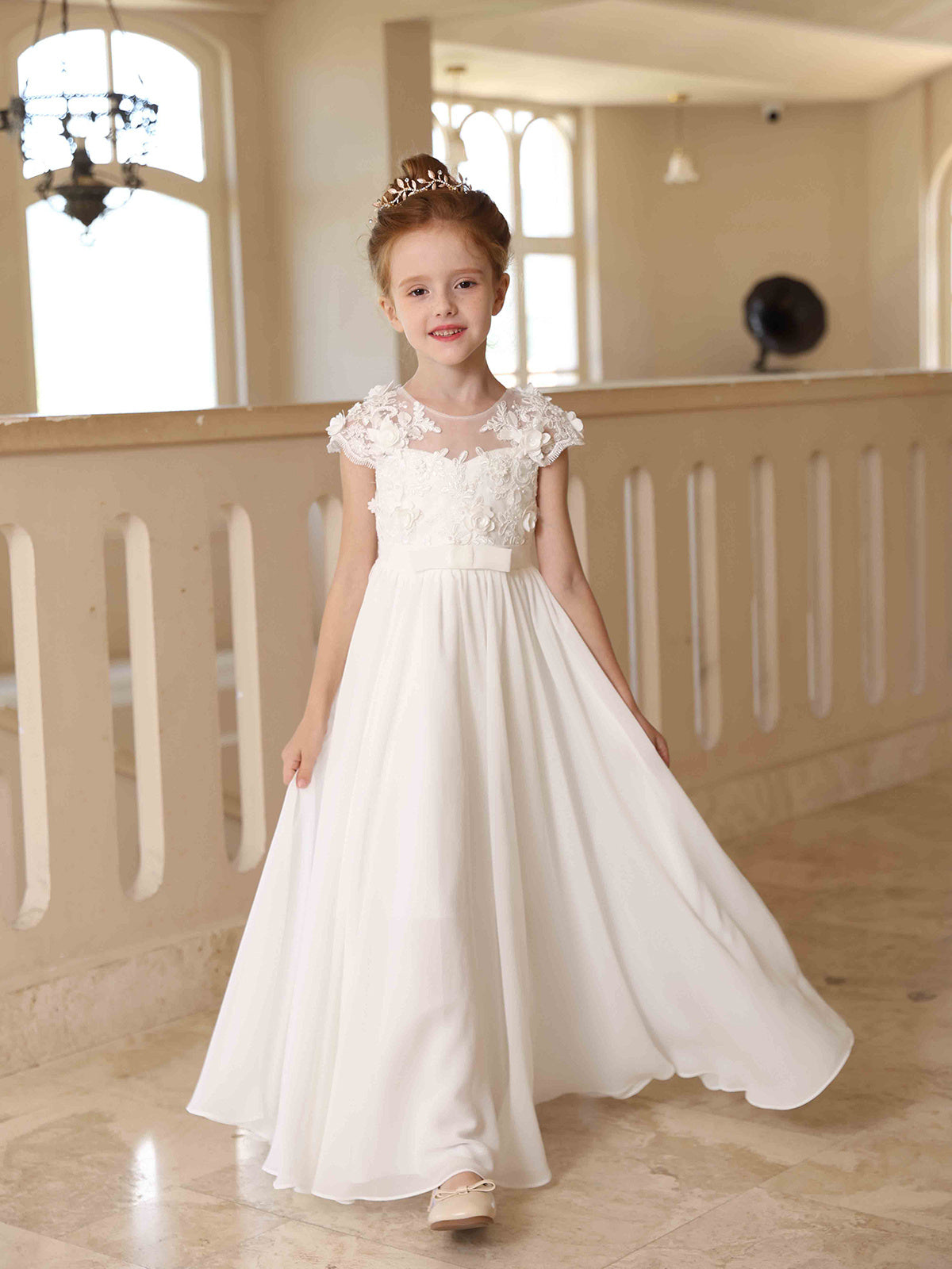 Scoop Neck Short-Sleeve Floor-Length Flower Girl Dress in White Lace with A-Line Princess Satin