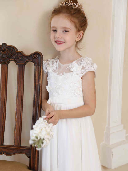 Scoop Neck Short-Sleeve Floor-Length Flower Girl Dress in White Lace with A-Line Princess Satin