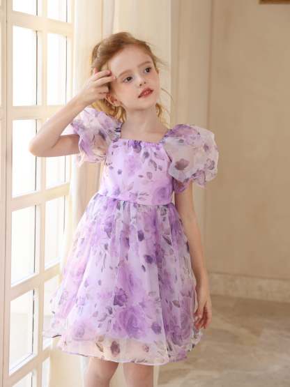 Short Sleeve Scoop Neck Tulle Ball-Gown Mini Flower Girl Dress