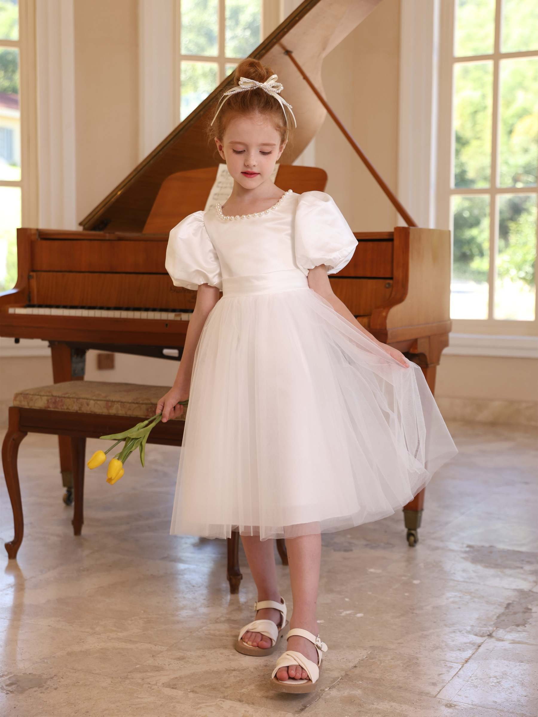 Satin Tulle Scoop Neck Tea-Length Ball Gown with Short Sleeves and Bowknot for Flower Girls