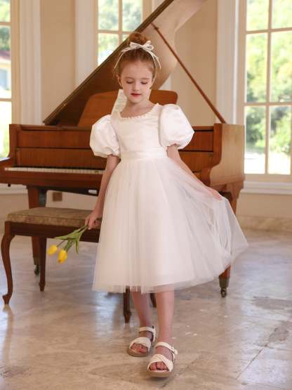 Satin Tulle Scoop Neck Tea-Length Ball Gown with Short Sleeves and Bowknot for Flower Girls