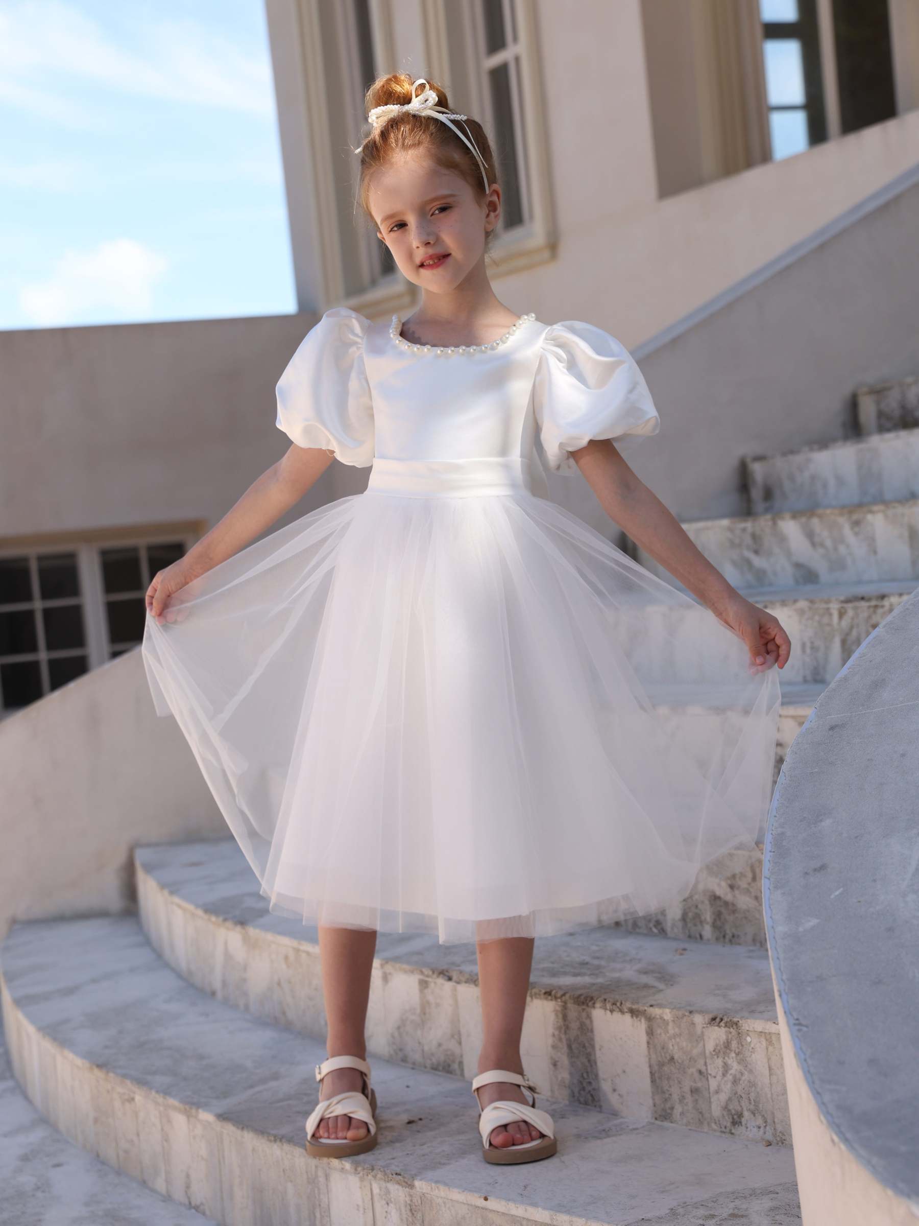 Satin Tulle Scoop Neck Tea-Length Ball Gown with Short Sleeves and Bowknot for Flower Girls