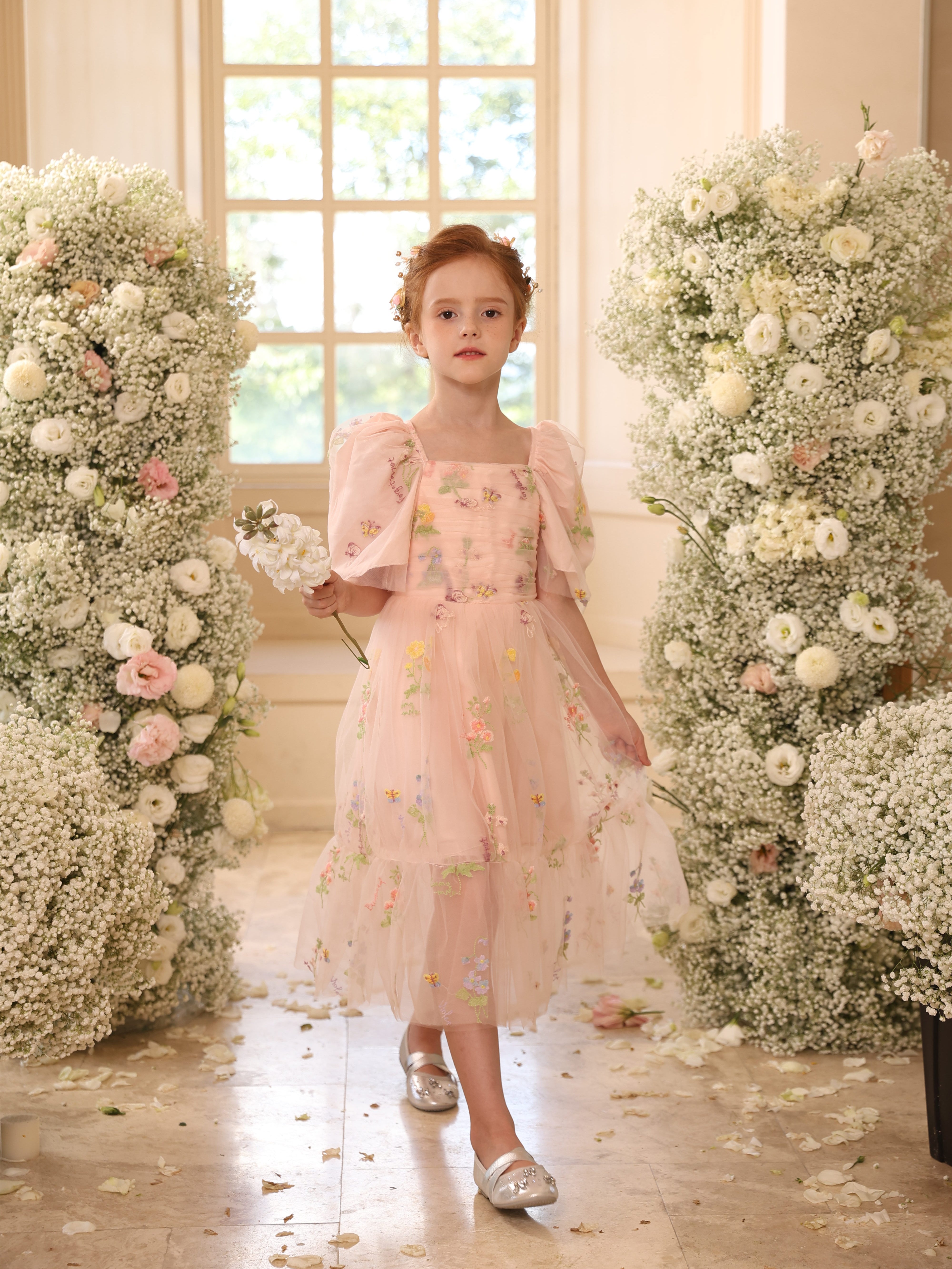 Sleeveless Floor-Length Satin Tulle Ball-Gown Flower Girl Dresses With Flower