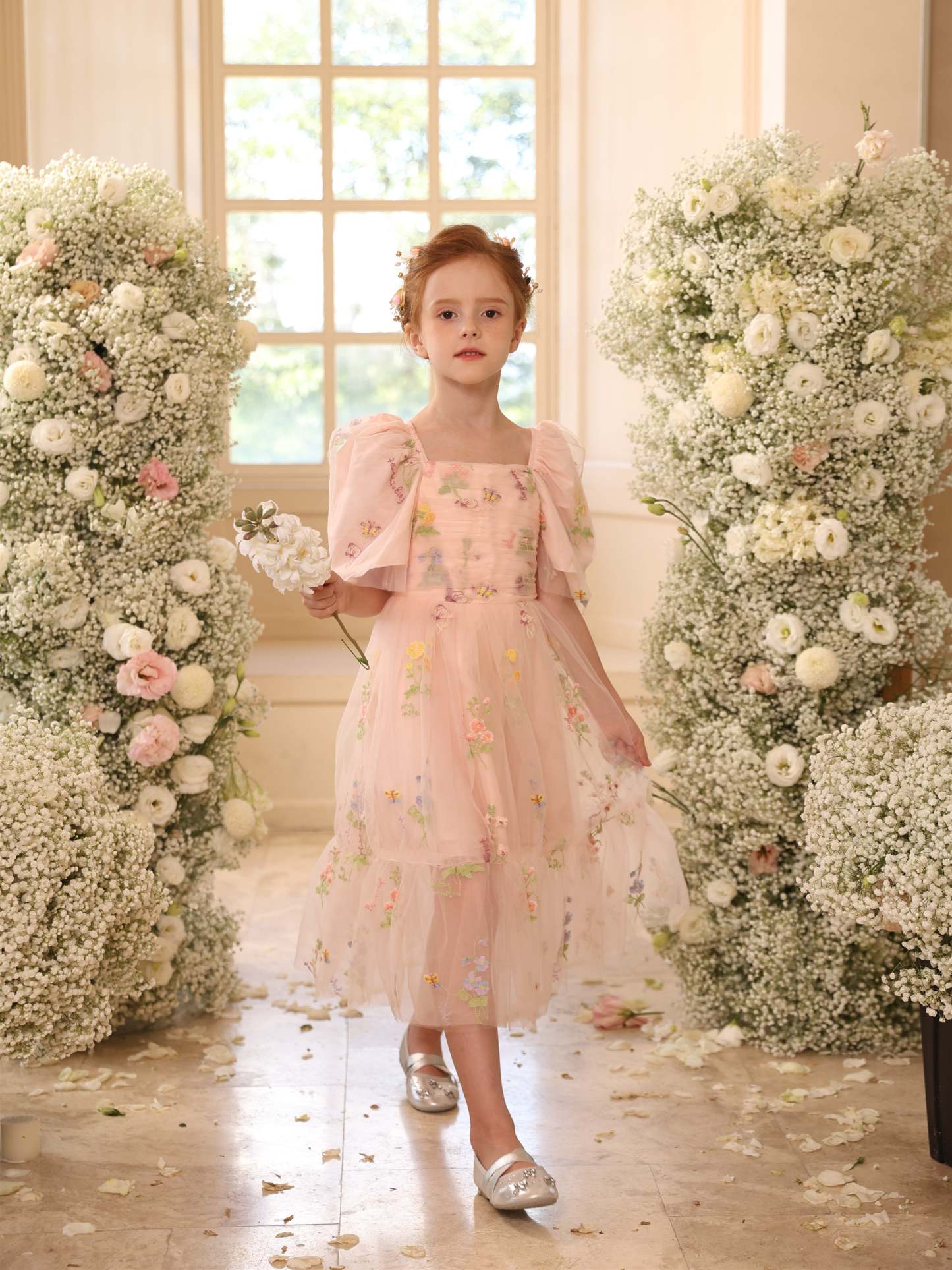 Sleeveless Floor-Length Satin Tulle Ball-Gown Flower Girl Dresses With Flower