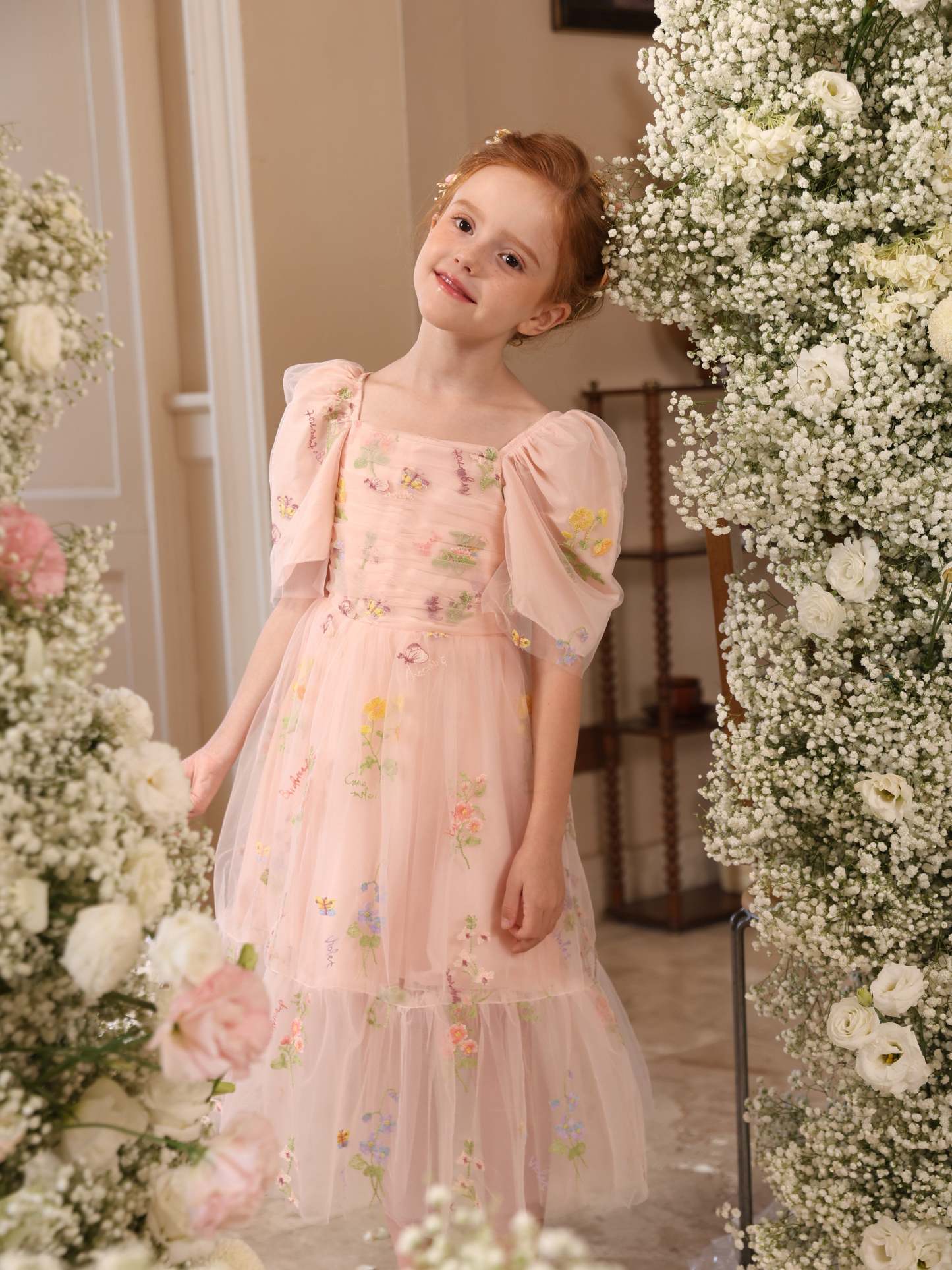 Sleeveless Floor-Length Satin Tulle Ball-Gown Flower Girl Dresses With Flower