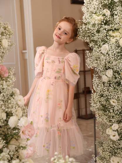 Sleeveless Floor-Length Satin Tulle Ball-Gown Flower Girl Dresses With Flower