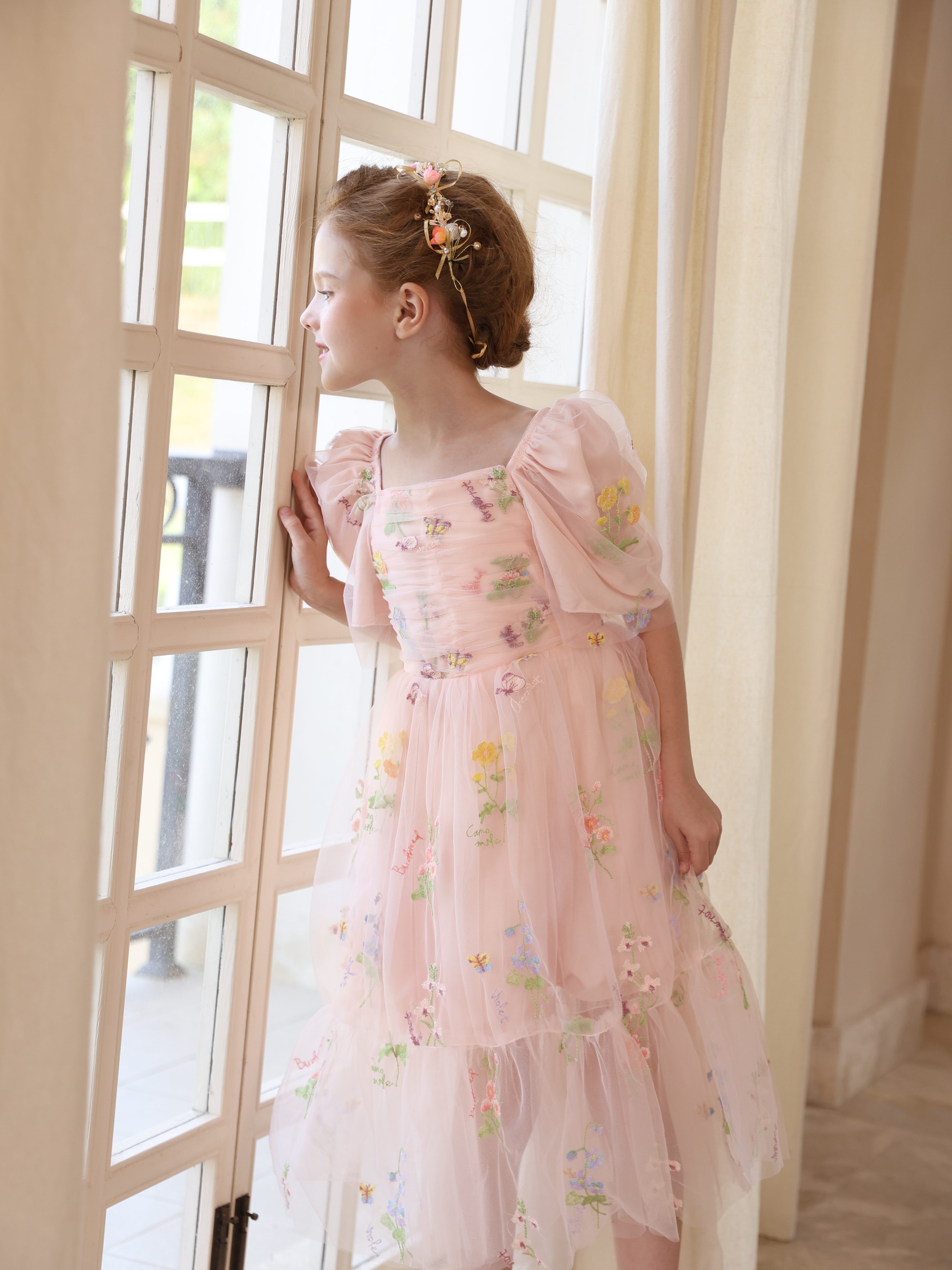 Sleeveless Floor-Length Satin Tulle Ball-Gown Flower Girl Dresses With Flower