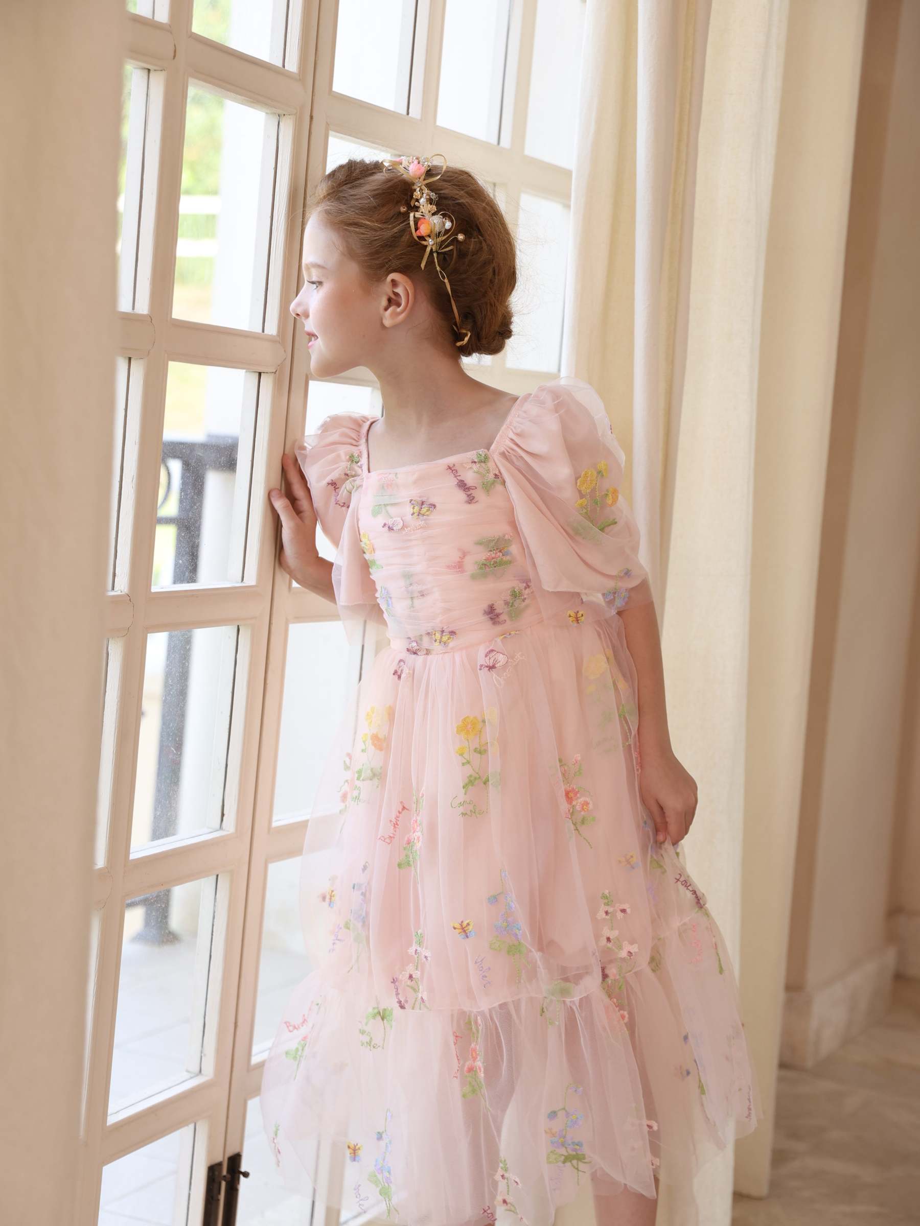 Sleeveless Floor-Length Satin Tulle Ball-Gown Flower Girl Dresses With Flower