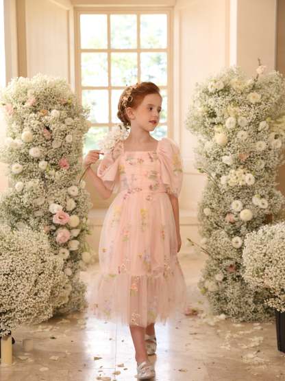 Sleeveless Floor-Length Satin Tulle Ball-Gown Flower Girl Dresses With Flower