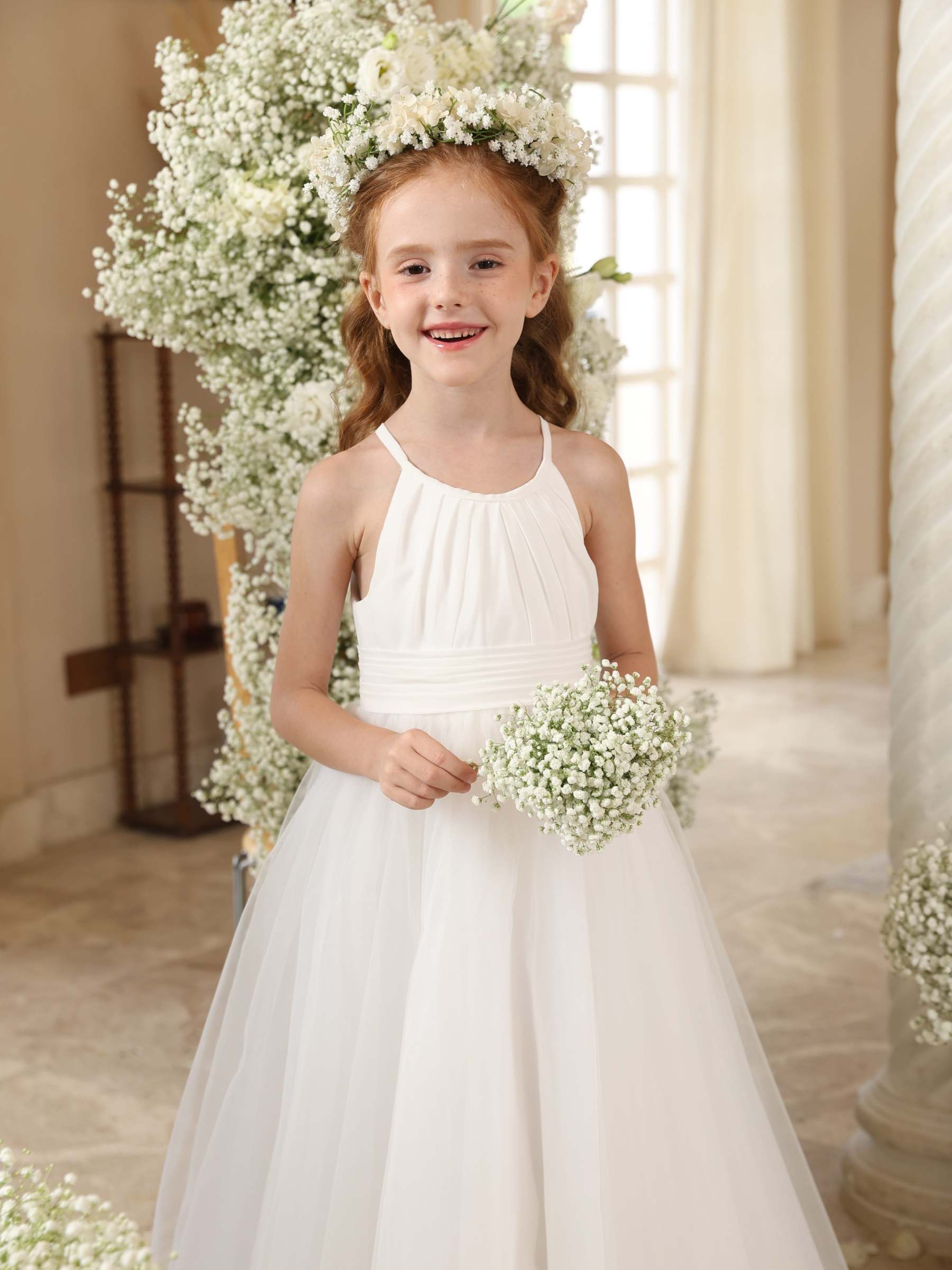 Sleeveless Scoop-Neck Ankle-Length Flower Girl Ball Gown in Tulle