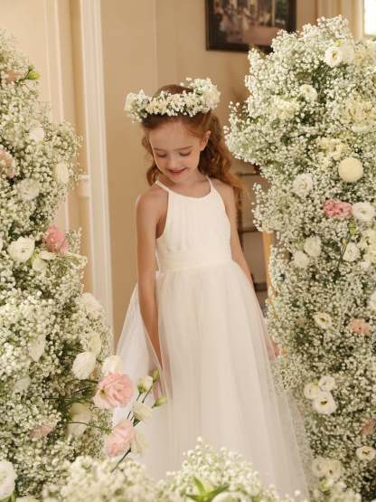 Sleeveless Scoop-Neck Ankle-Length Flower Girl Ball Gown in Tulle