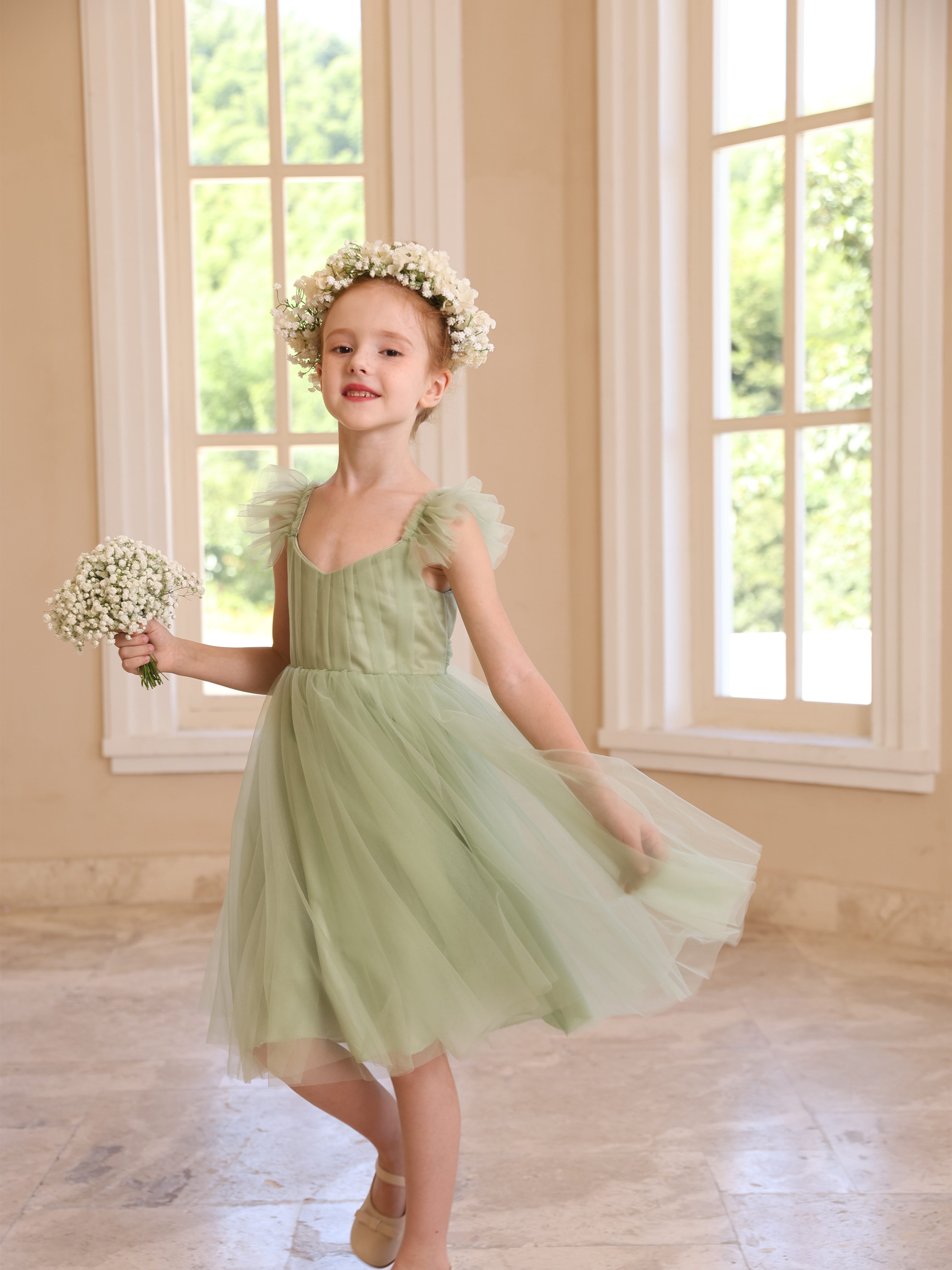 Square Neck Sleeveless Knee-Length Pure Color Ball-Gown Flower Girl Dresses