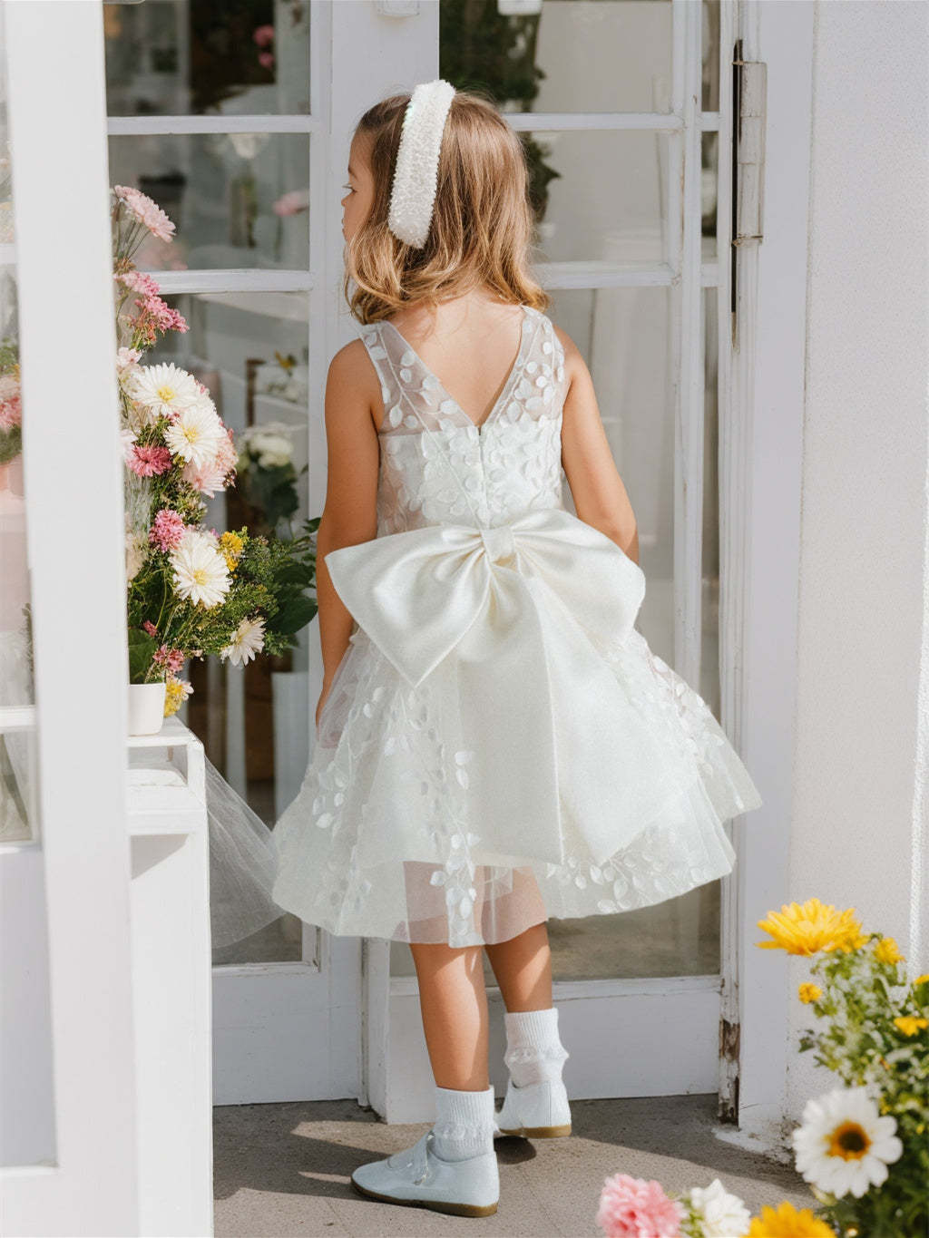 Knee-Length Flower Girl Dress in A-Line/Princess Style with Scoop Neck and Lace
