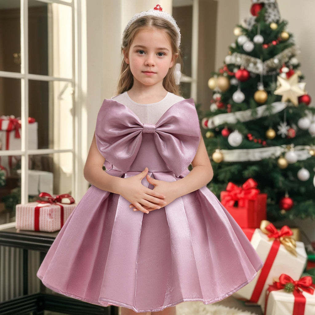 Sleeveless Scoop-Neck Knee-Length Flower Girl Ball Gown with Bow