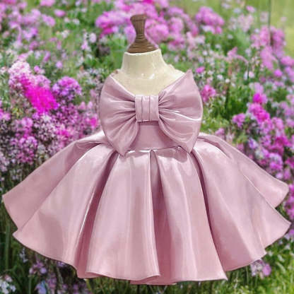 Sleeveless Scoop-Neck Knee-Length Flower Girl Ball Gown with Bow
