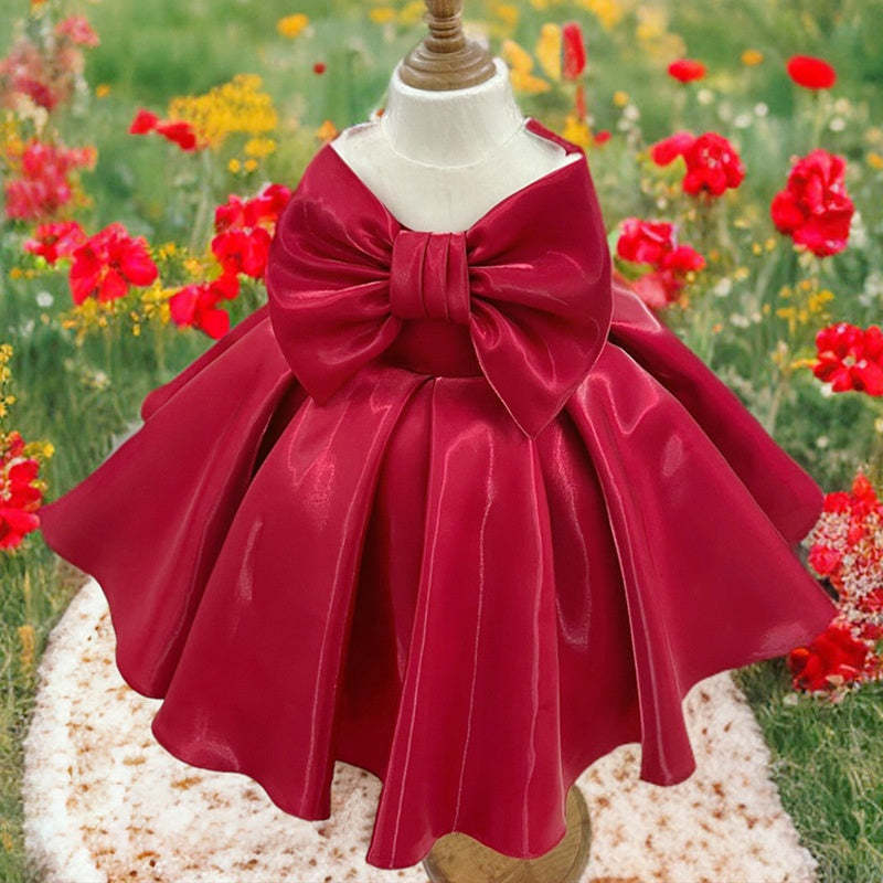Sleeveless Scoop-Neck Knee-Length Flower Girl Ball Gown with Bow