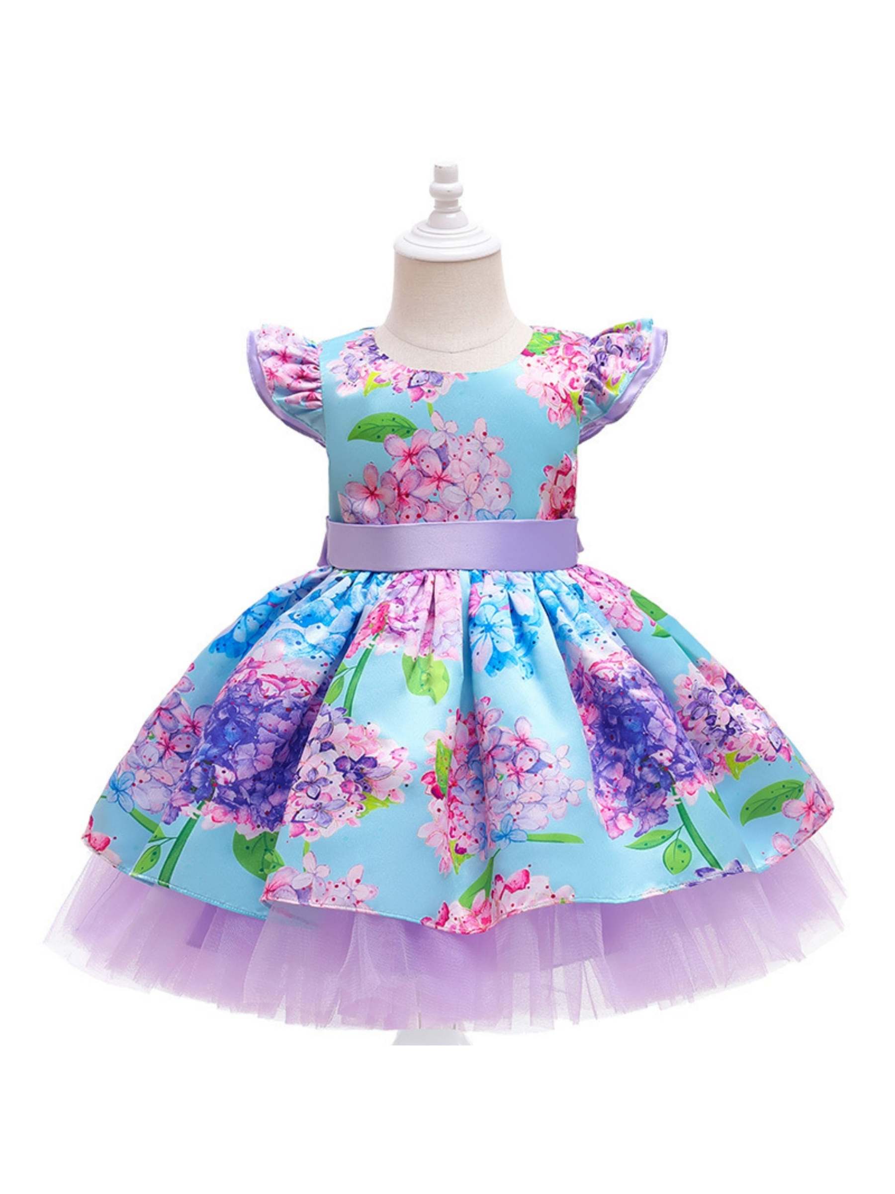 Knee-Length Scoop Neck Flower Girl Ball Gown with Short Sleeves and Lace