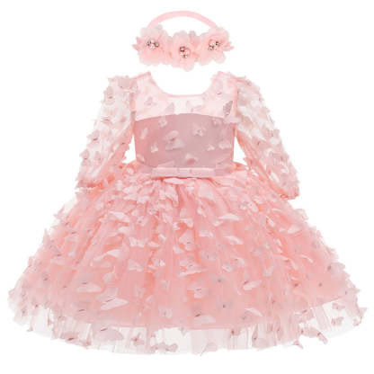 Knee-Length Flower Girl Dress with 3D Butterfly A-Line Princess Cut and Scoop Neckline