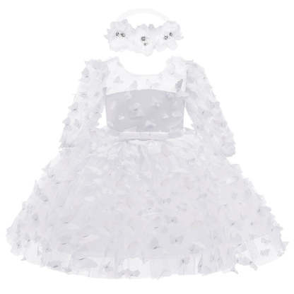 Knee-Length Flower Girl Dress with 3D Butterfly A-Line Princess Cut and Scoop Neckline