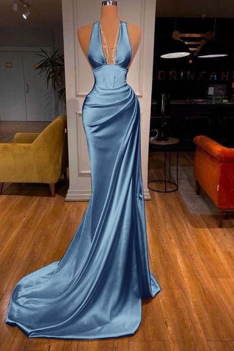 Halter Deep V Neck Sleeveless Mermaid Long Prom Dress Elegant With Ruffles