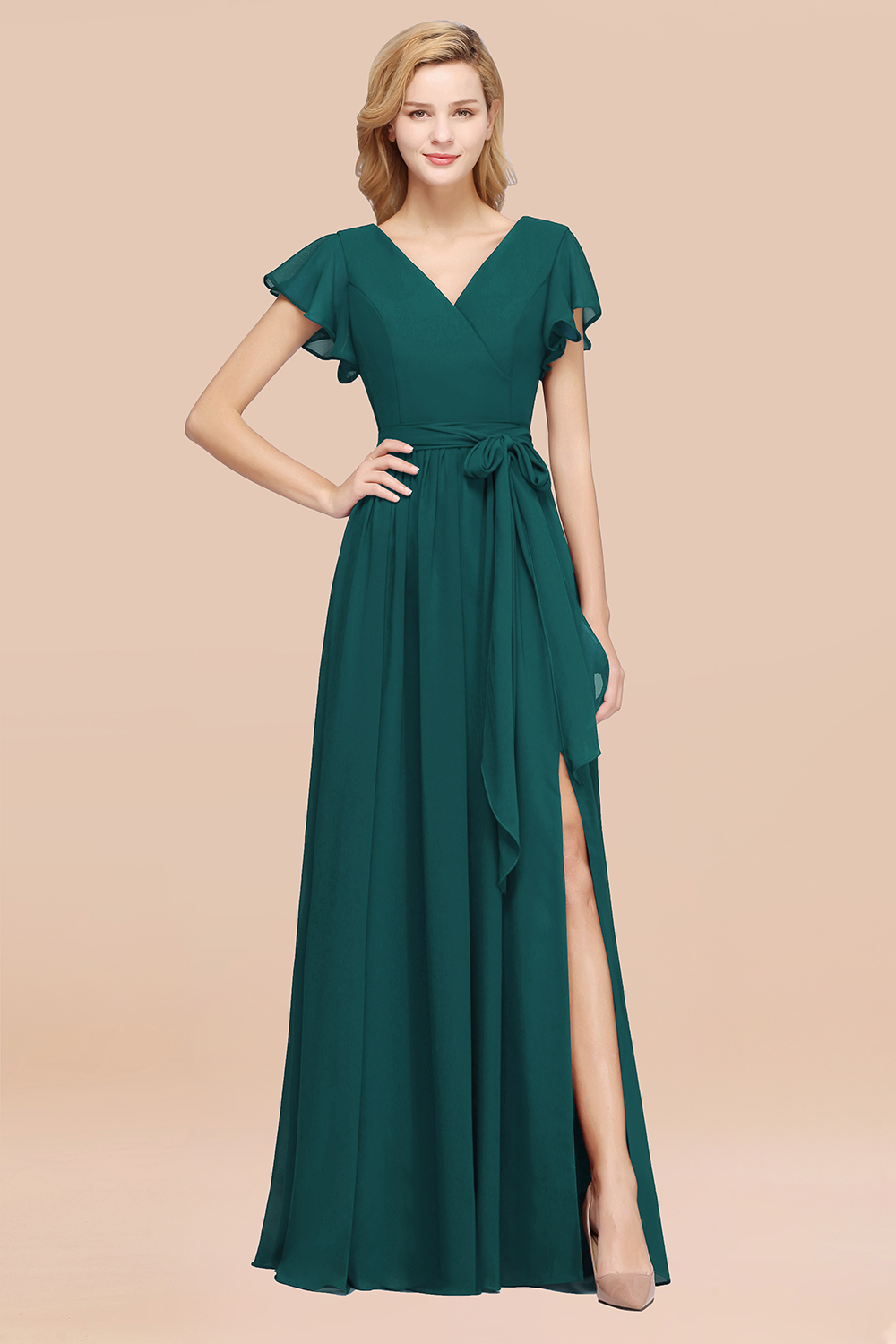 BMbridal Burgundy V-Neck Long Bridesmaid Dress With Short-Sleeves-BMbridal