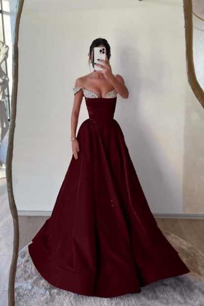 Off the Shoulder Sleeveless Long Prom Dress With Beading Pleated