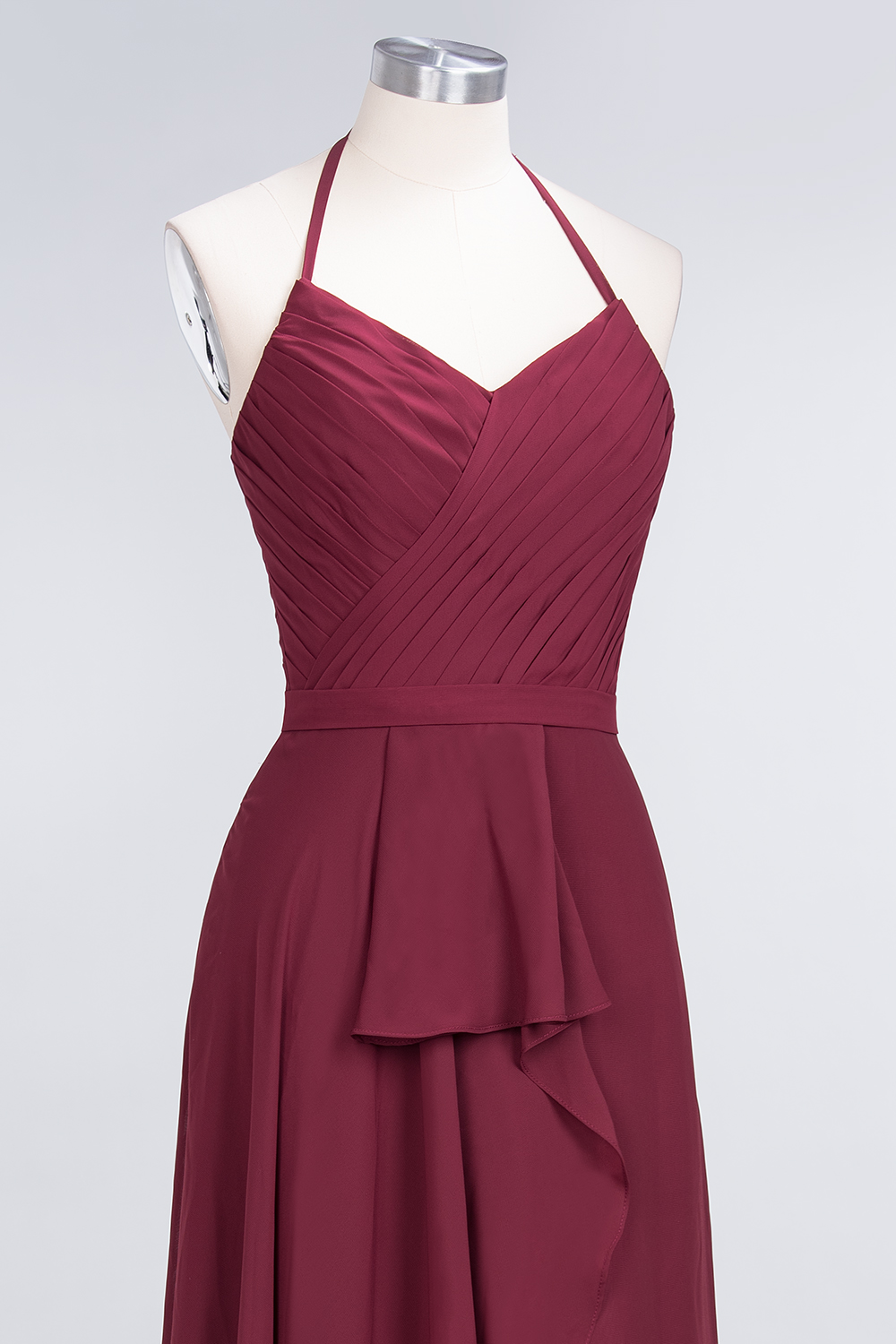 BMbridal Affordable Chiffon Halter V-Neck Ruffle Burgundy Bridesmaid Dresses-BMbridal