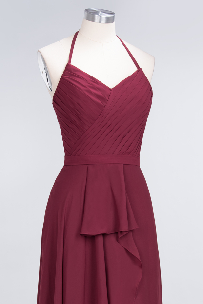 BMbridal Affordable Chiffon Halter V-Neck Ruffle Burgundy Bridesmaid Dresses-BMbridal