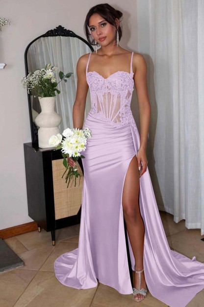Spaghetti Strap Sleeveless Split Long Mermaid Prom Dress With Appliques