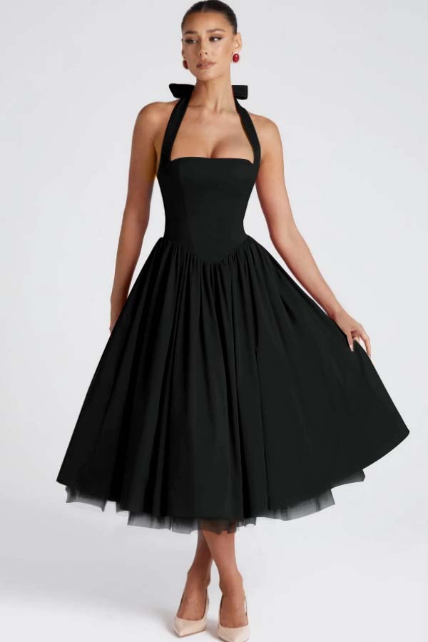 Halter Sleeveless Long A Line Prom Dress With Pleated Tulle