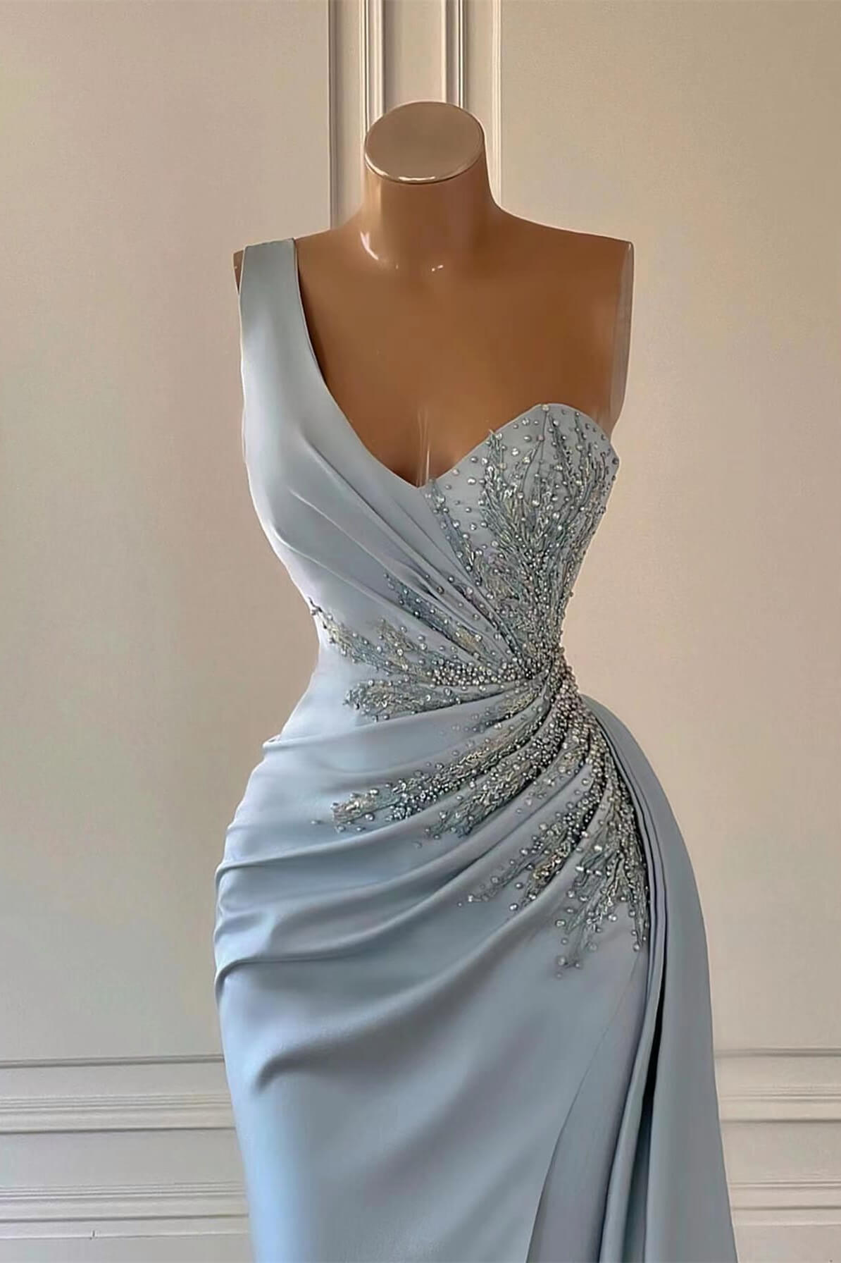 Charming Luxury One Shoulder Long Prom Dress Mermaid Split With Ruffles