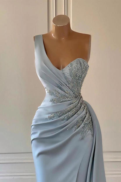 Charming Luxury One Shoulder Long Prom Dress Mermaid Split With Ruffles