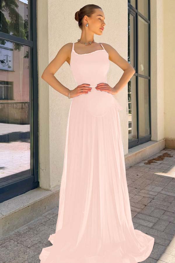 Spaghetti Strap Sleeveless Long Prom Dress With Pleated Sequins