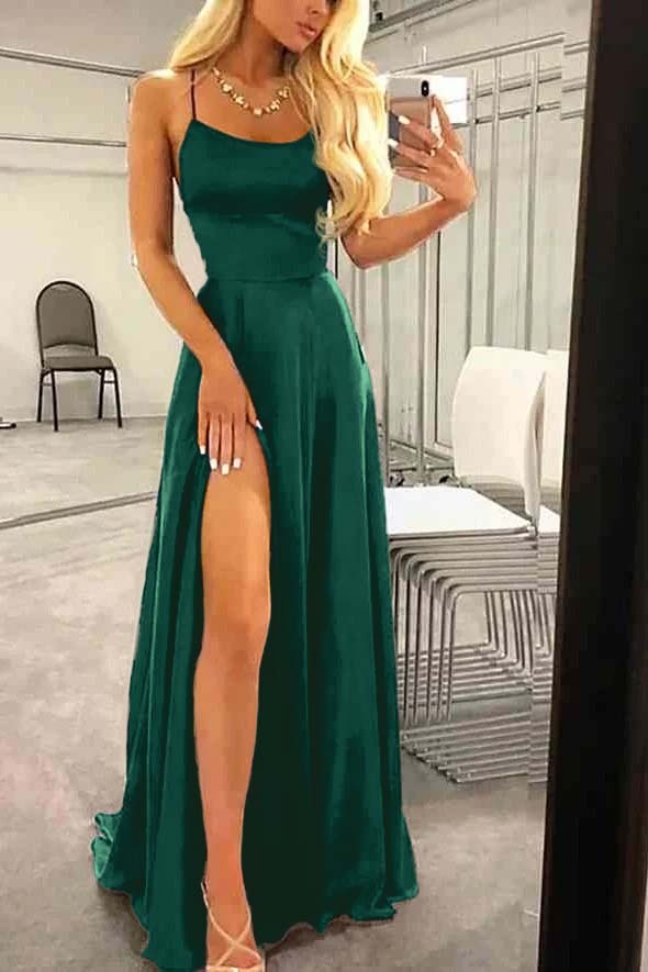 Spaghetti Strap Sleeveless Long Prom Dress With High Split Ruffles
