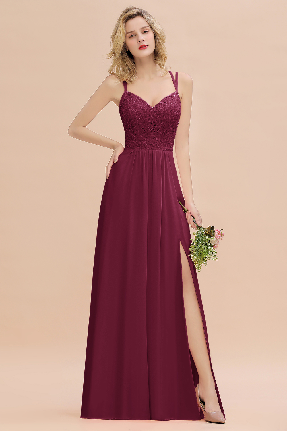 BMbridal Spaghetti-Straps Coral Lace Bridesmaid Dresses with Slit-BMbridal