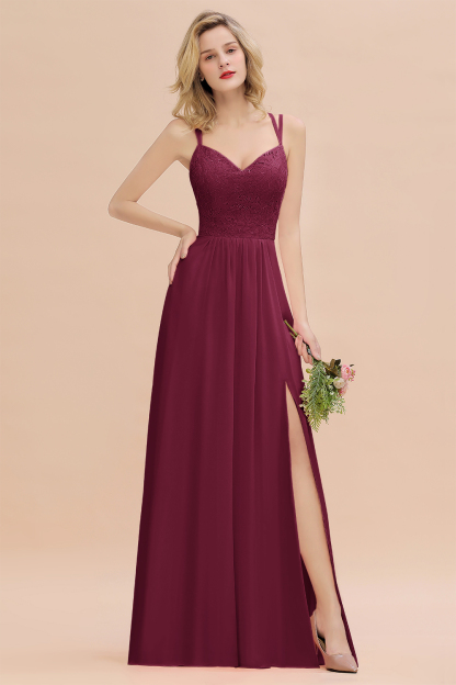 BMbridal Spaghetti-Straps Coral Lace Bridesmaid Dresses with Slit-BMbridal